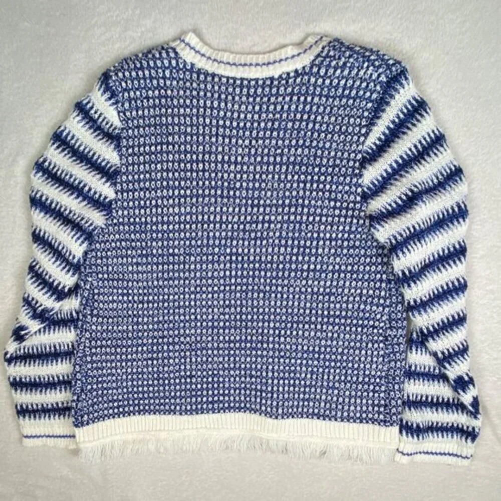 Talbots Womens Blue & Cream Striped Knit Cardigan Sweater With Fringe Hem Size M